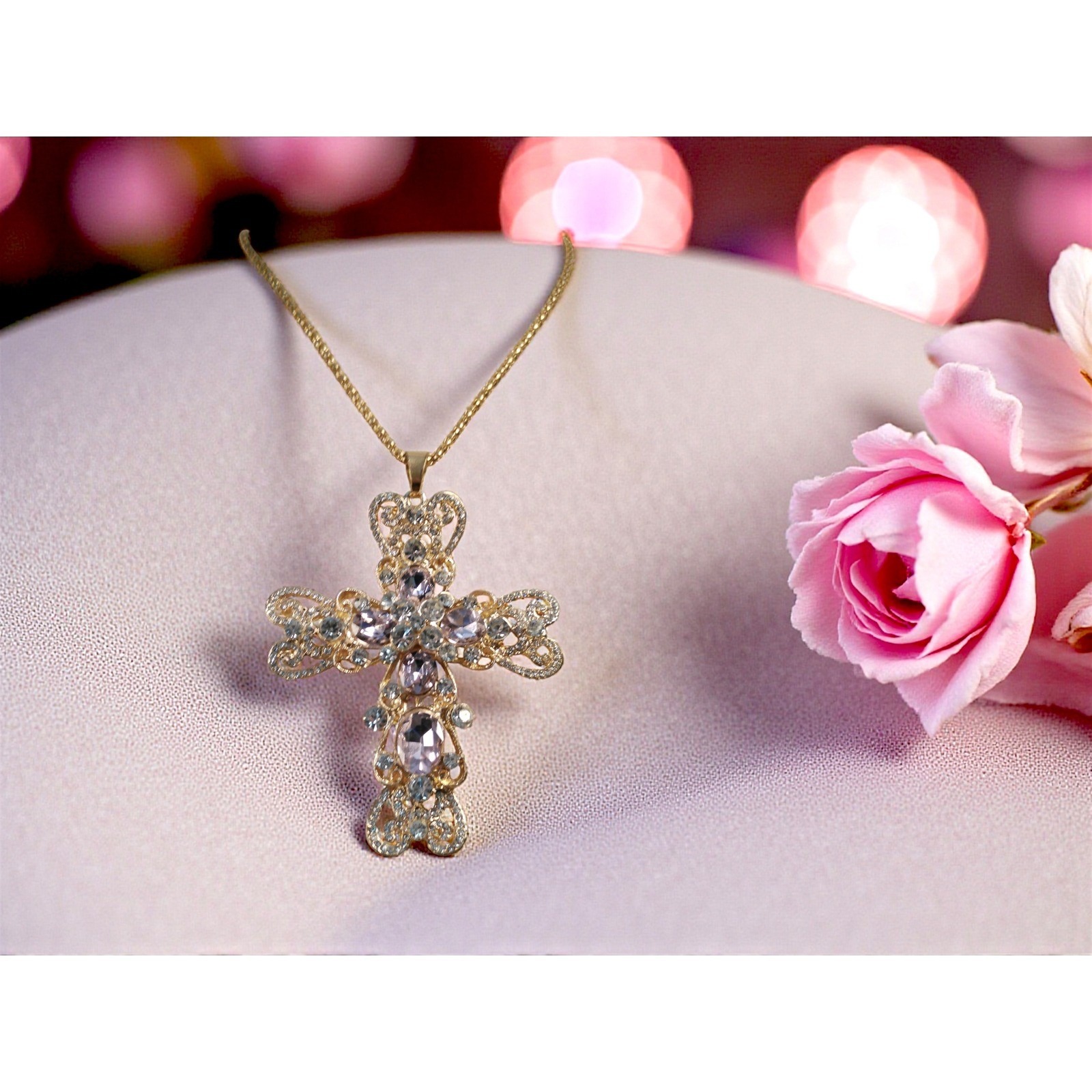 Betsy Johnson Gold Tone Crystal Cross Pendant Necklace Gemstone Sparkle New